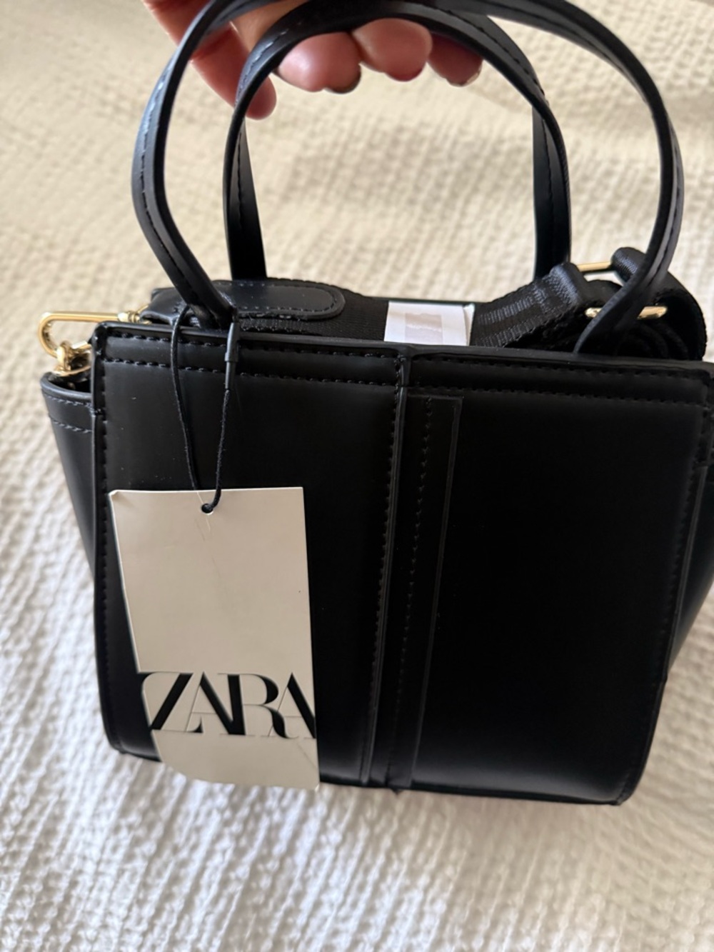 ZARA Black Mini Structured Top-Handle Bag with Gold Hardware
